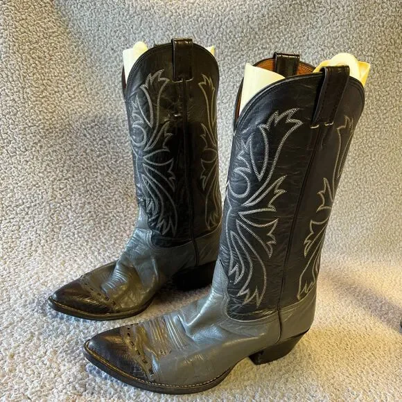Nocona Imperial Snake Skin Cowboy Boots Men 8.5 E Wide Black Gray Toe C406E VTG